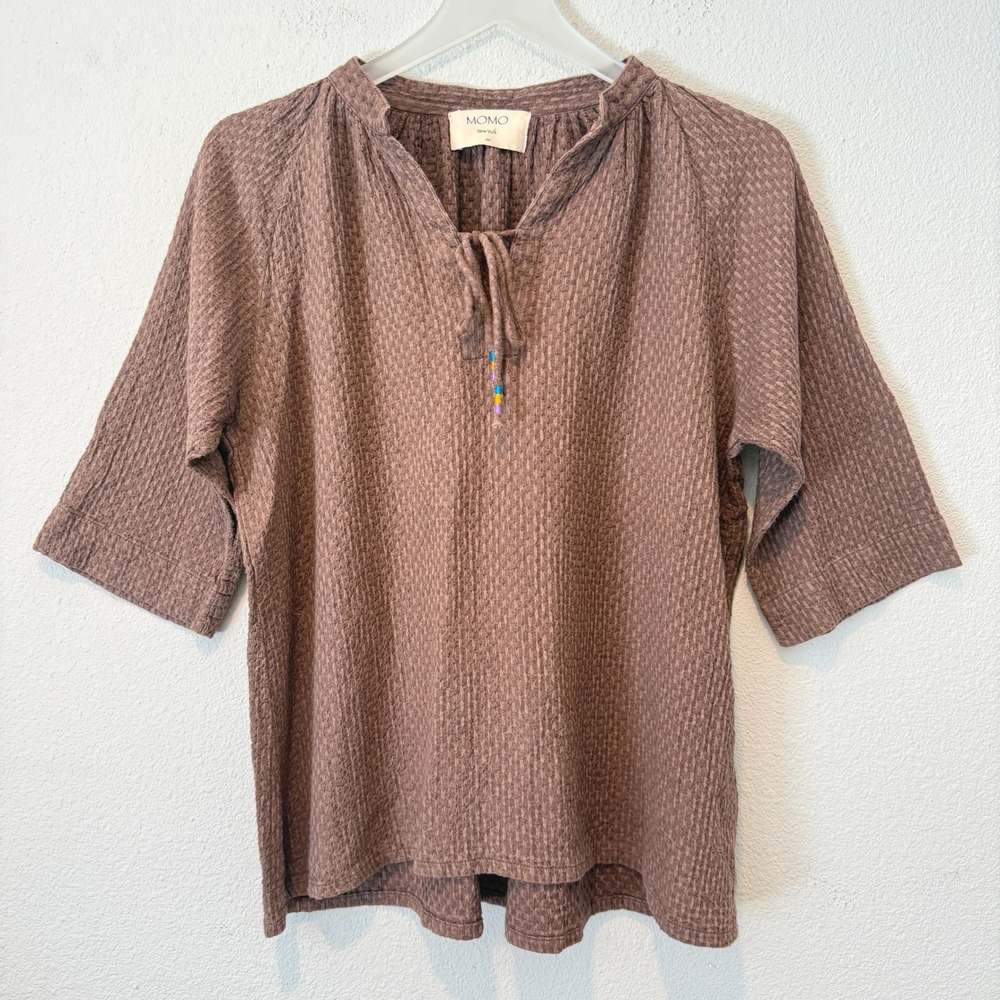 MOMO New York OS Brown Textured Cotton Gauze Beaded Tie Neck Tunic Top Boho
